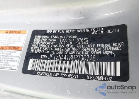 2013 Scion Fr-S 10 Series z USA, uszkodzony, nr VIN JF1ZNAA18D2730728